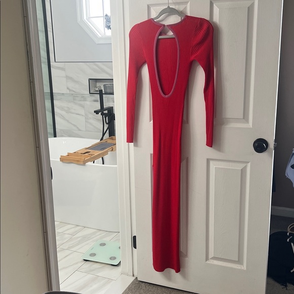 Staud Red Ribbed Knit Open Back Maxi Dress Long Sleeve Size S - Picture 6 of 7